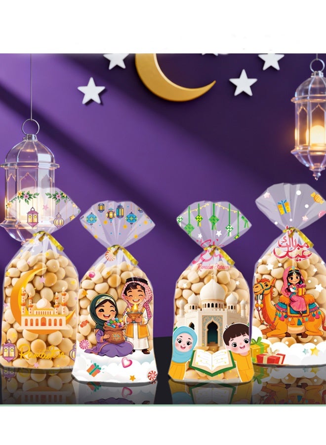 100 قطعة من أكياس السيلوفان المربعة المخصصة للمهرجانات مع أربطة ذهبية ملتوية، وأكياس حلوى بتصميم كرتوني للأعياد والحفلات وأعياد الميلاد للأطفال وتغليف الهدايا اليدوية واحتفالات العيد - Image 3